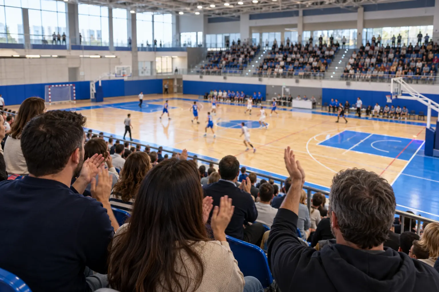 Ilustración generada de un pabellón multideportivo con público.