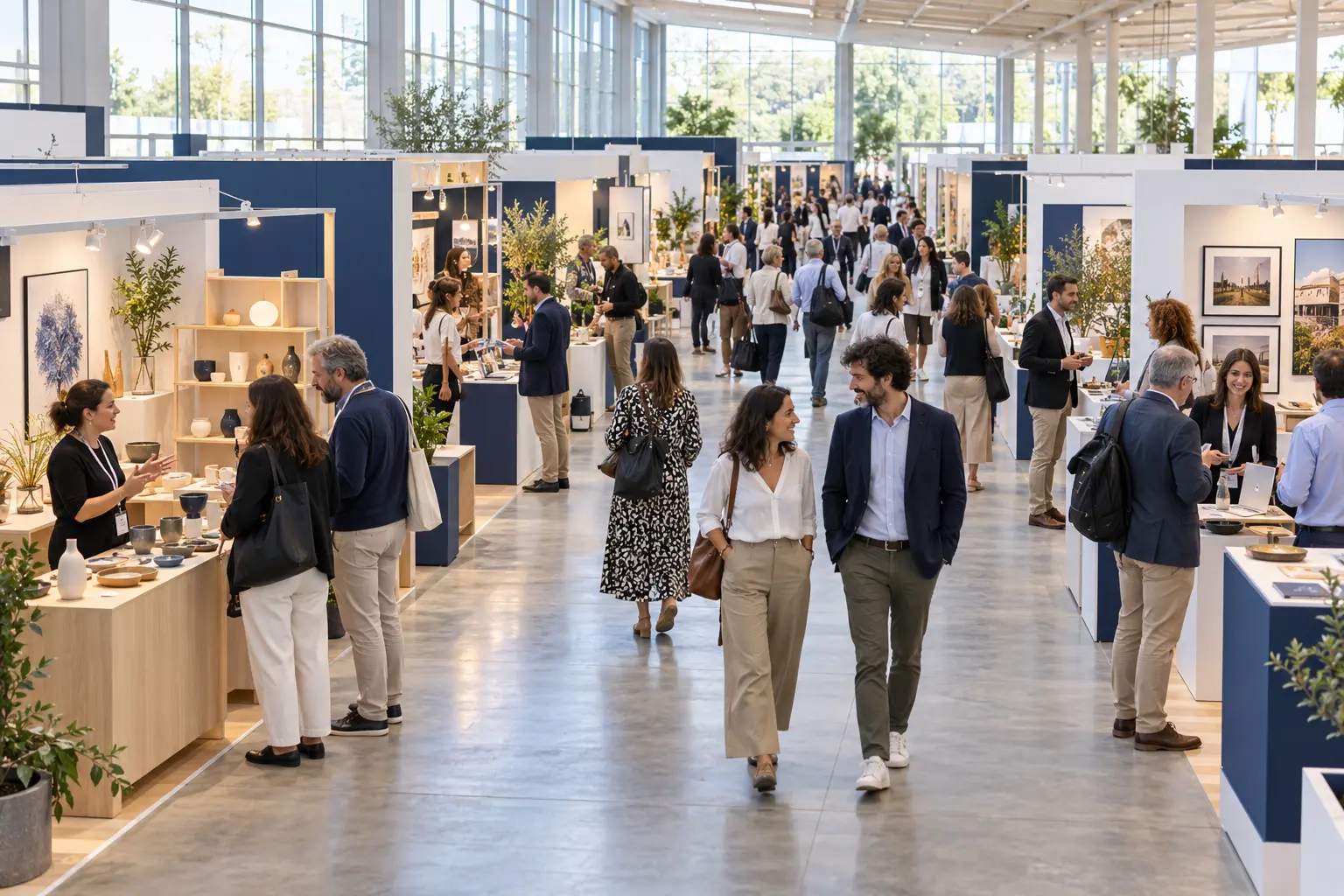 Ilustración generada de una feria cultural o profesional con stands y visitantes.